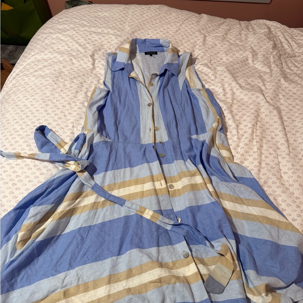 Linen Striped Blue and Tan Sleeveless Dress